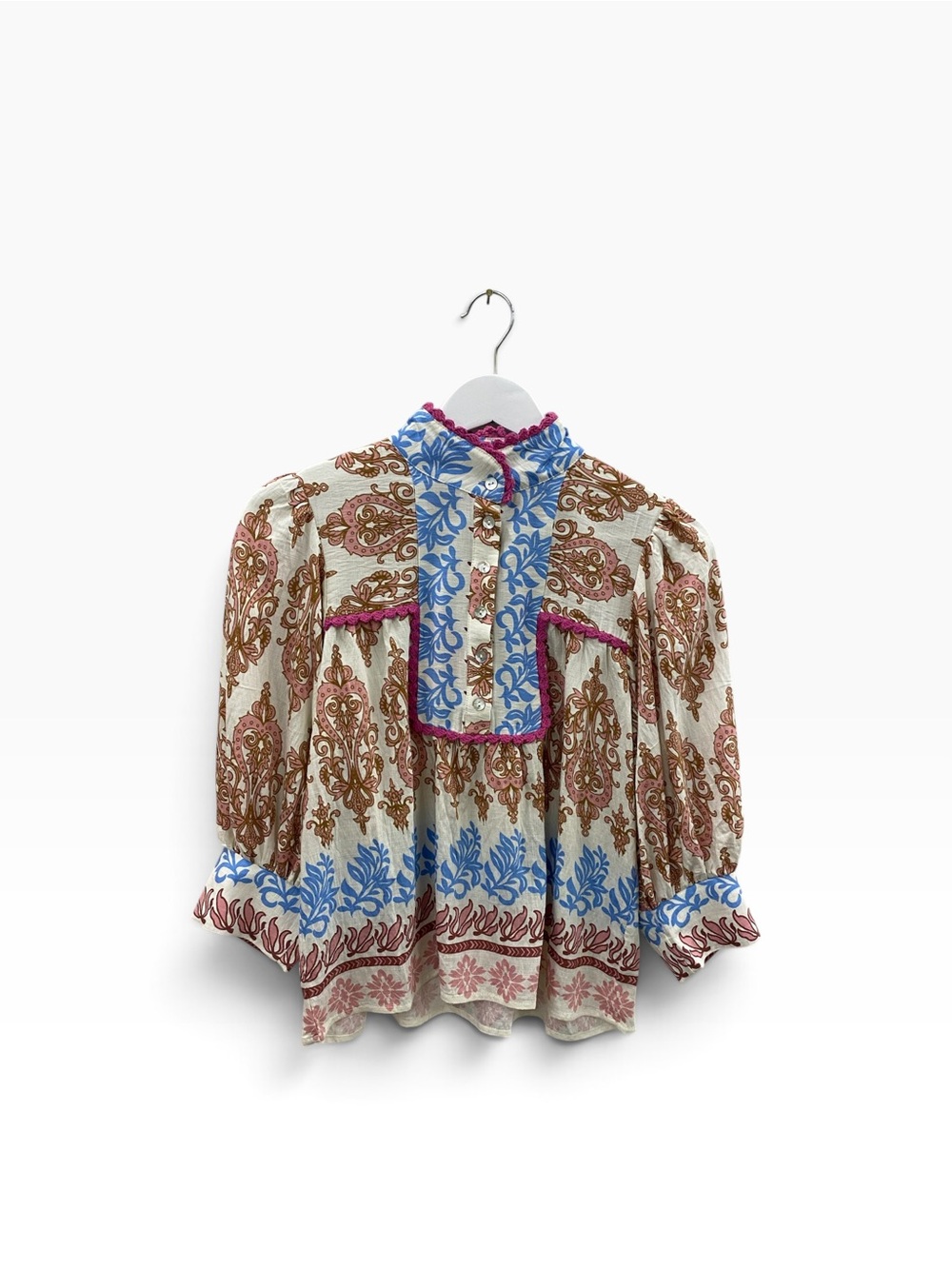 THML Floral Medallion Bib Blouse in Blue, Brown & Cream